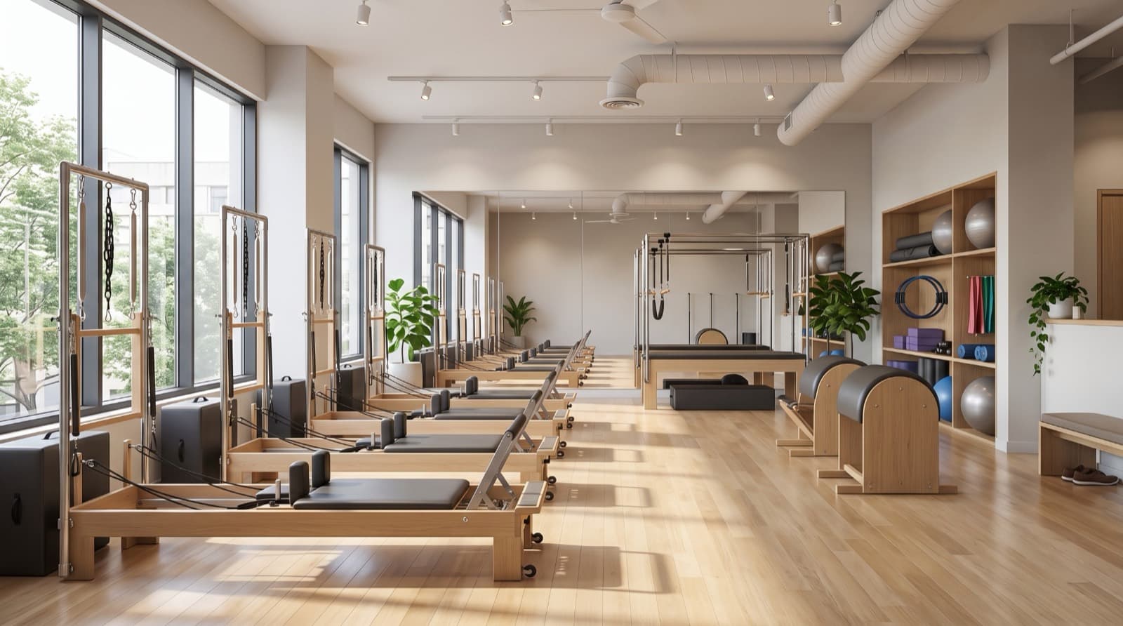Estudio de Pilates con hilera de reformers junto a ventanales, cadillac, barriles de equilibrio y repisas con pelotas y aros