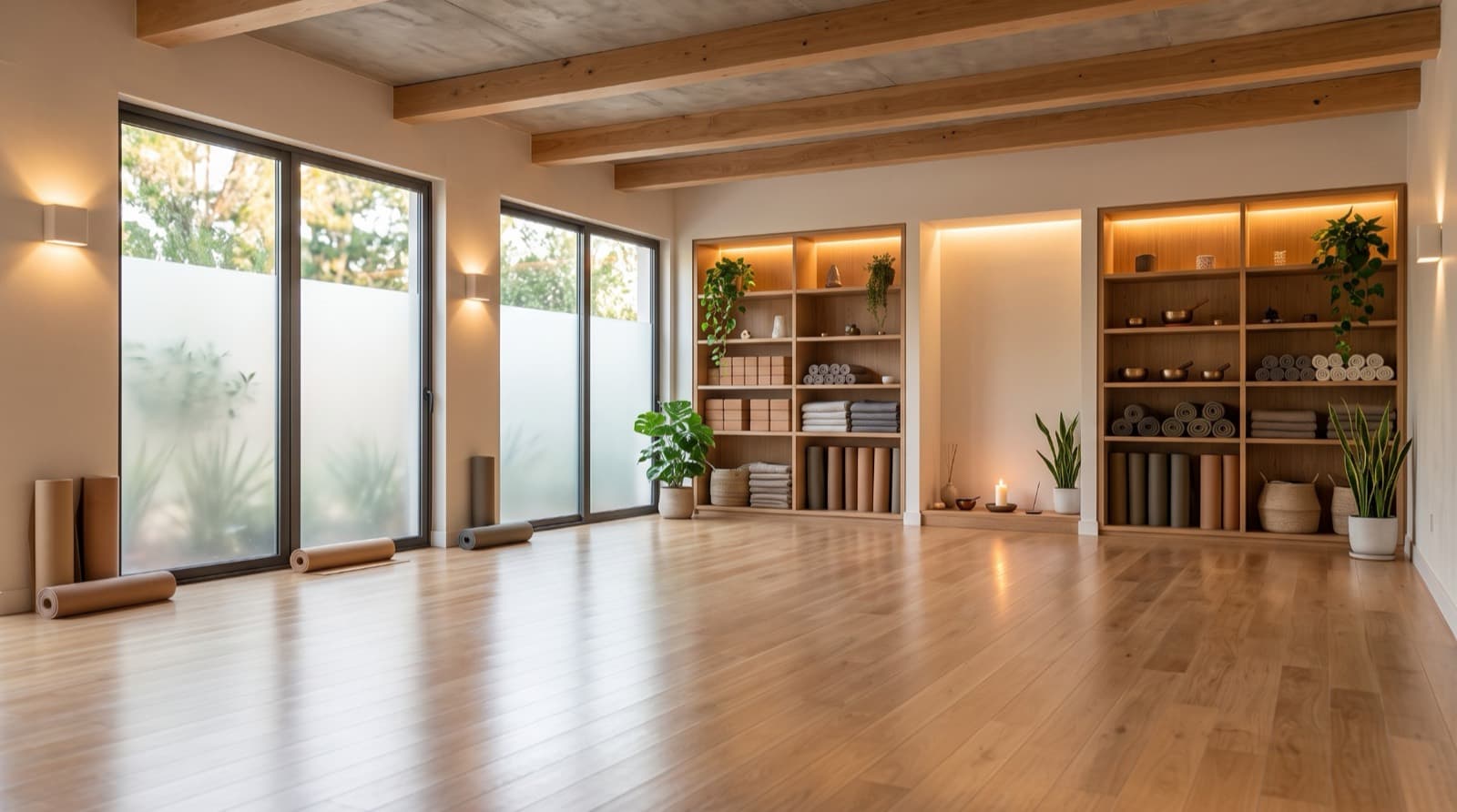 Estudio de yoga luminoso con piso de madera, ventanales, tapetes enrollados y repisas con bloques, cobijas y plantas