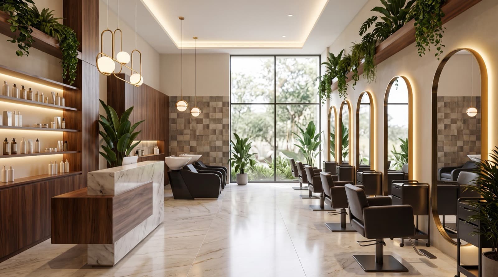 Salón de belleza moderno con recepción de mármol, sillones frente a espejos con marco dorado, lavacabezas y repisas con productos